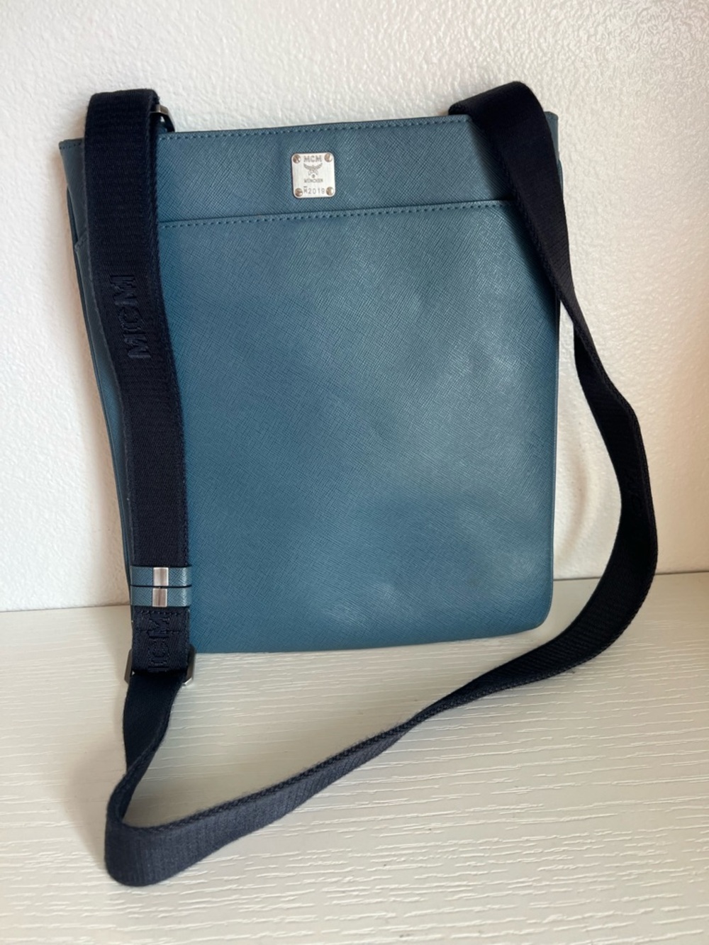 MCM Teal Leather Messenger Bag with Black Strap
